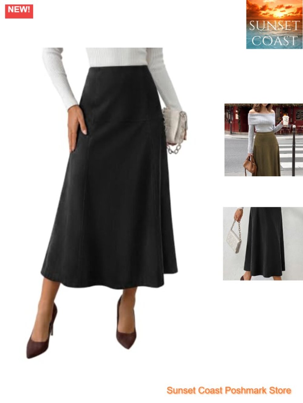Womens High Waist Faux Suede A Line Midi Skirt
